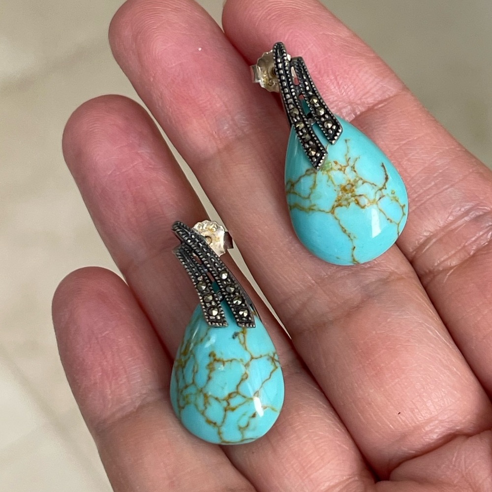 Turquoise Marcasite Solid Sterling Silver Drop Ea… - image 3